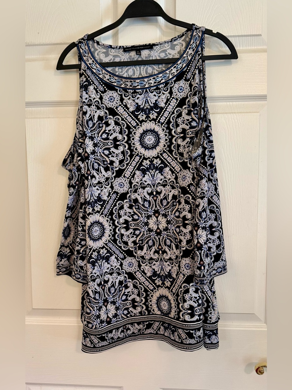 WHBM Black White Paisley Cold Shoulder Tunic Blouse XL Boho Chic - Picture 3 of 14